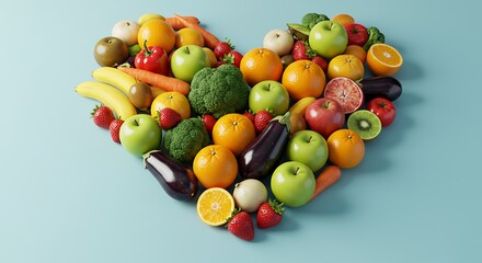 Colorful assortment of fresh fruits and vegetables arranged in a heart shape on a blue background