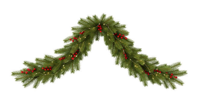 Festive green christmas garland decorated with red berries and warm white lights isolated on transparent background - Powered by Adobe