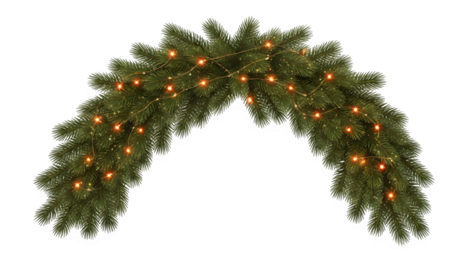 Arch of realistic green fir branches decorated with warm white fairy lights isolated on transparent background