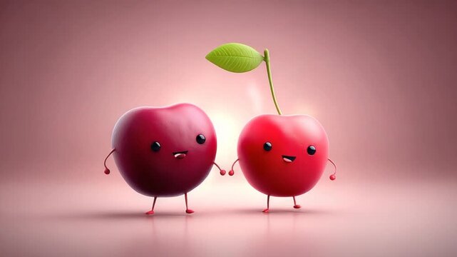 Two cartoon cherries holding hands, with simple limbs, stem, leaf against a pastel backdrop