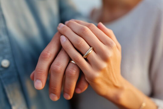 Close-up coupleâs intertwined fingers with wedding rings sparkling, warm evening light, intimate romantic mood, no logo, no text, DSLR 85mm f/2 ISO 220