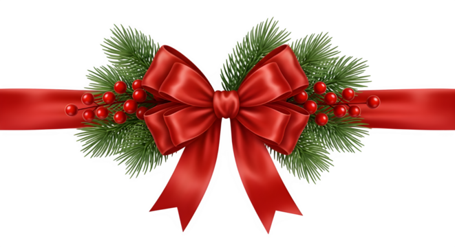 Elegant red satin bow tied around a festive christmas garland with pine needles and red berries isolated on transparent background