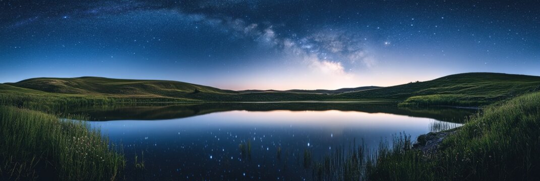 nature banner calm lake reflects starry night sky and soft glow of moon. Rolling hills frame serene scene, creating a peaceful atmosphere perfect for stargazing and relaxation - Powered by Adobe