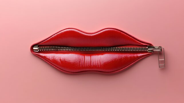 Red lips with a zipper closed, symbolizing silence, secrets, or a closed mouth, against a soft pink background
