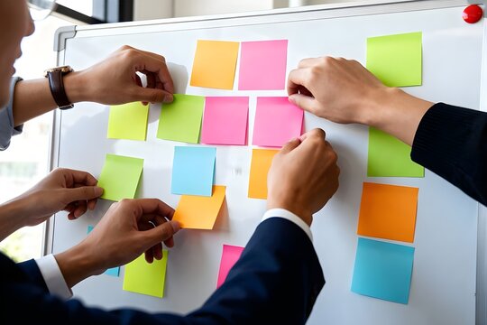 Business Authentisch: Nahaufnahme von H&auml;nden w&auml;hrend einer agilen Planung mit leeren Notizen