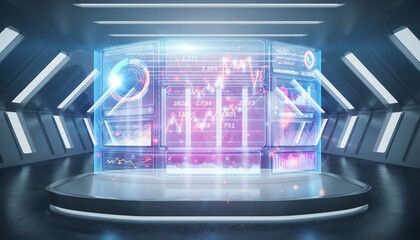Futuristic Data Visualization: A sleek, modern interface displays intricate financial data within a futuristic setting, highlighting the intersection of technology and economic insight.