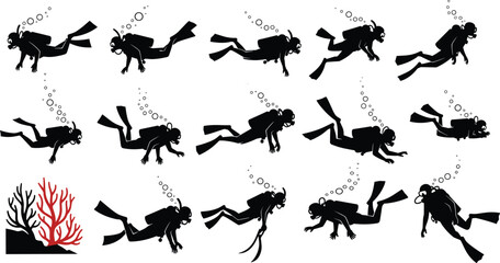 Scuba diver silhouettes underwater, swimming poses, diving gear, coral reef, bubbles, marine exploration, cad drawing flat vector illustration