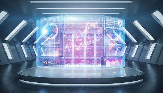 Futuristic Data Visualization: A sleek, modern interface displays intricate financial data within a futuristic setting, highlighting the intersection of technology and economic insight.