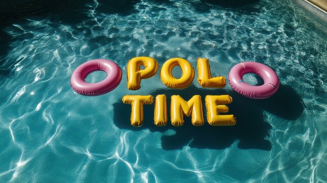 Yellow inflatable letters spelling pool time and pink inflatable rings floating in a clear blue swimming pool on a sunny day