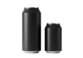 Two aluminum beverage cans with seamless deep matte black finish and polished silver tops, isolated on transparent background, showcasing size contrast. Concept for beverage advertising