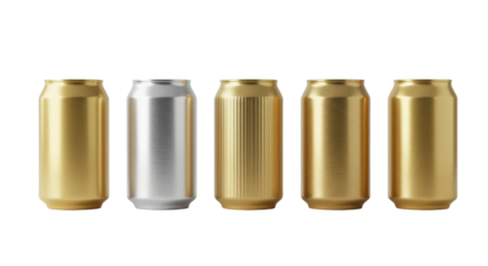 Five premium blank aluminum beverage cans with unique gold metallic finishes, horizontally lined up on a transparent studio background, ultra-detailed macro shot. concept for luxury packaging