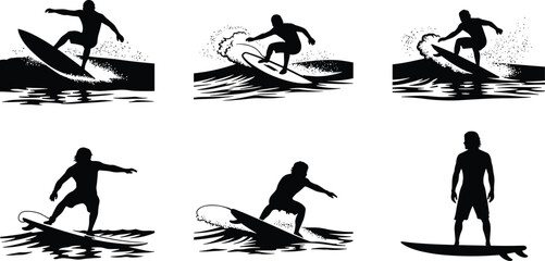 Surfer silhouette vector set, wave riding, surfboard poses, beach sport action, black and white flat design, cad drawing illustration