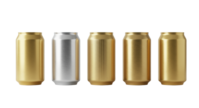 Five premium blank aluminum beverage cans with unique gold metallic finishes, horizontally lined up on a transparent studio background, ultra-detailed macro shot. concept for luxury packaging