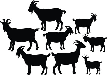 Goat silhouette, farm animal icons, black livestock graphic, horned goat design, nature symbol, beard detail, rural theme, domestic illustration