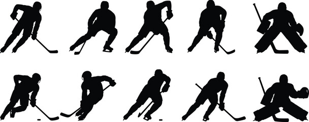 Obraz premium Hockey player silhouette, ice hockey action, black sports icon, skating pose design, goalie graphic, team sport illustration, puck control artwork
