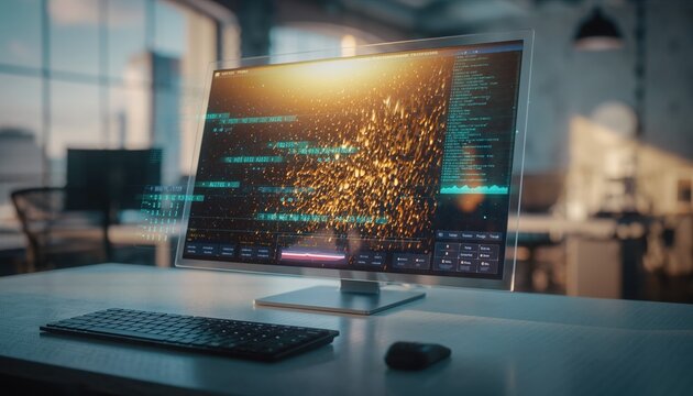 Tech Workstation: A modern workspace with a sleek monitor showcasing digital code, keyboard and mouse on a clean desk, highlighting the fusion of technology and productivity.