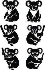 Koala silhouette, tree pose illustration, black animal icons, wildlife graphic design, Australian marsupial art, nature symbol, cute pet artwork