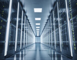 Server Room Corridor: A sleek, modern server room corridor, with rows of server racks, emitting a futuristic glow reflecting technological advancement and data storage prowess.