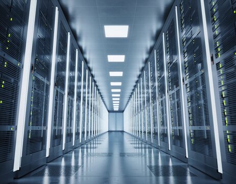 Server Room Corridor: A sleek, modern server room corridor, with rows of server racks, emitting a futuristic glow reflecting technological advancement and data storage prowess.
