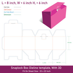 Snap Lock Box Dieline and 3D Mockup, Vector illustration