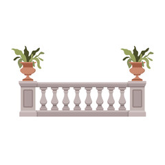 Classic balustrade with vases and plants in flat style isolated on white background. Vector stock