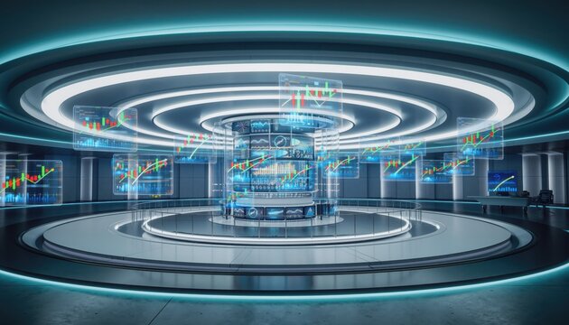 Futuristic Trading Floor: An impressive high-tech trading floor, illuminated with ambient blue lighting, where intricate charts and data streams are displayed on expansive screens.