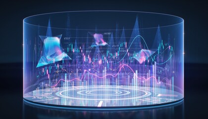 Digital Data Visualization: A mesmerizing display of digital data, charts, and graphs floats within a sleek, translucent cylinder.