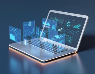 Tech's Blueprint: A high-tech laptop unveils a holographic display of complex charts and graphs, showcasing the dynamism of data analytics.