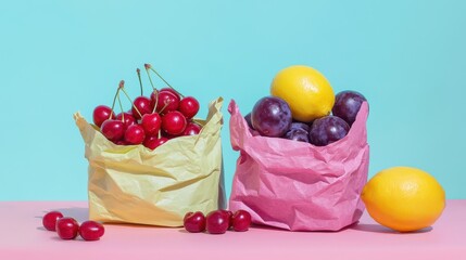 Two paper bags filled with fresh cherries and plums, with a lemon on the side, set against a vibrant blue background