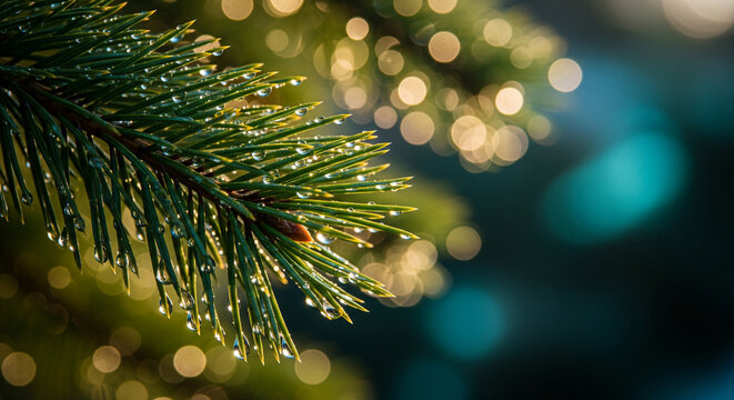 Close-up of a fir tree branch with water droplets, a natural evergreen element ideal for Christmas or winter backgrounds - Powered by Adobe