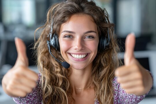 Friendly customer service representative giving a thumbs up in a modern office setting