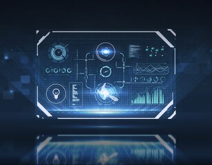 Digital Interface: A futuristic digital interface, awash in cool blue hues, showcases intricate data visualizations and technological elements against a sleek, dark background.