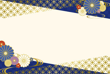 和柄と菊の花の背景フレームイラスト　青　金