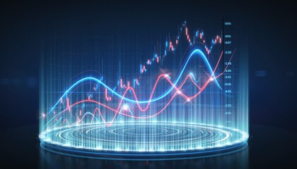 Market Dynamics Visualized: Dynamic graphs illustrating market trends and financial data rise with a luminous digital podium, hinting at financial evolution and business opportunities. 