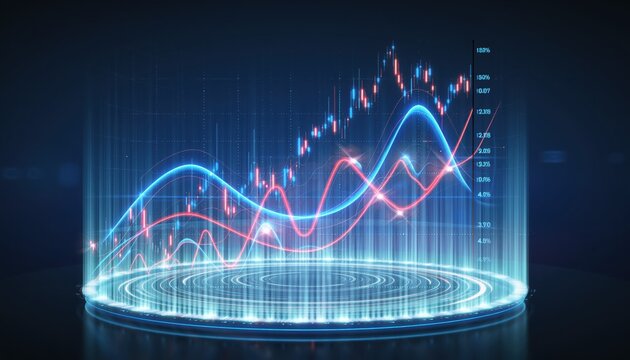 Market Dynamics Visualized: Dynamic graphs illustrating market trends and financial data rise with a luminous digital podium, hinting at financial evolution and business opportunities.  - Powered by Adobe