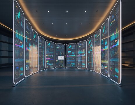 Futuristic Data Display: A futuristic interior showcases a series of sleek, transparent screens displaying dynamic data visualizations, bathed in soft, ambient light.