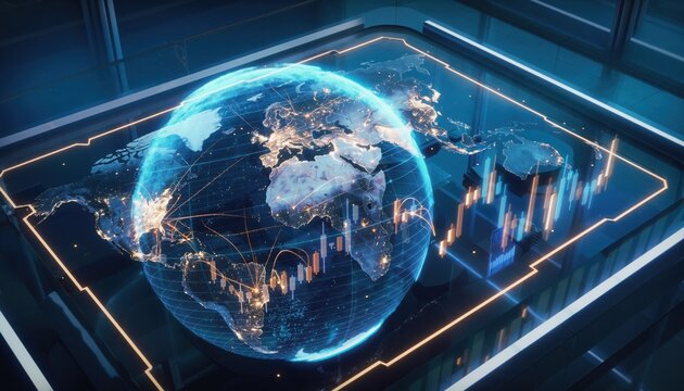 Global Network & Trading Visualization: A stunning visual representation of the interconnected world, showcasing a glowing globe with city lights intertwined with dynamic charts.
