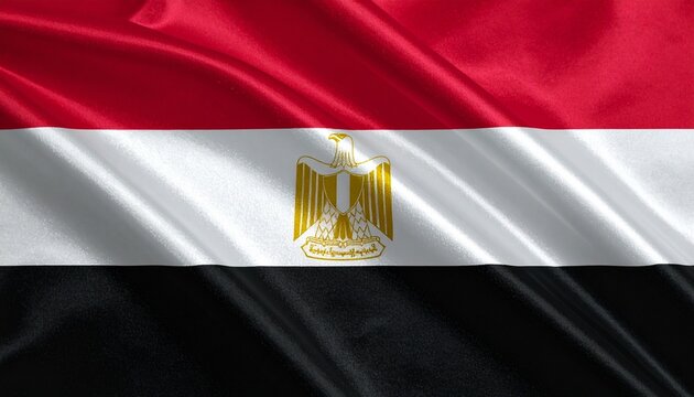 Egyptian national flag with red, white, and black horizontal stripes featuring golden Eagle of Saladin in center.
