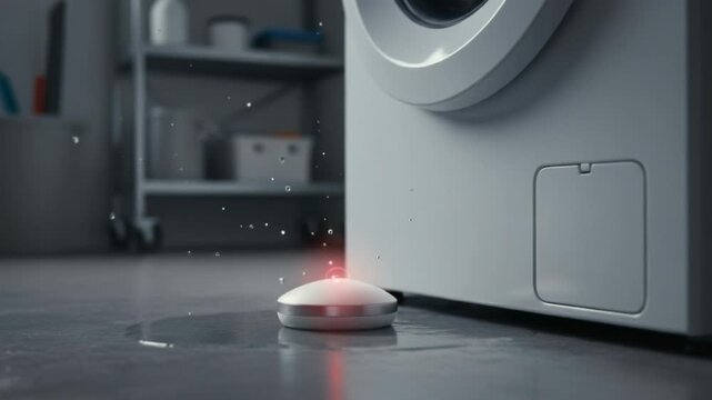 smart water leak sensor placed near the base of a washing machine, its tiny red status light blinking to indicate a warning. Preventative safety, subtle device.