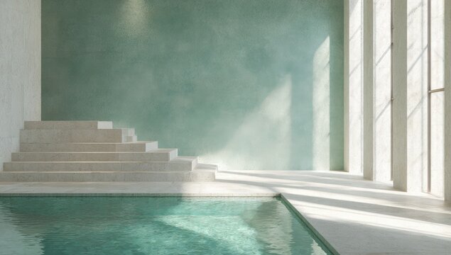 Serene pool room with stairs and light-filled windows