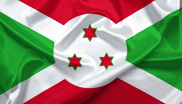 Burundian national flag with red and green quadrants divided by white cross and three red stars in center