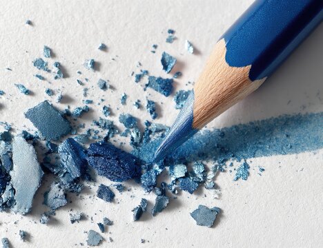 Blue pencil with smudge and shavings on bright white paper