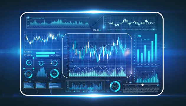 Data Analysis Interface: Explore a futuristic digital interface with intricate graphs and charts, representing complex data sets and financial markets.