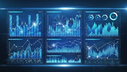 Data Visualization: A close-up shot of an advanced user interface with a sleek, blue color scheme displaying various data visualizations, including charts, graphs, and intricate diagrams.