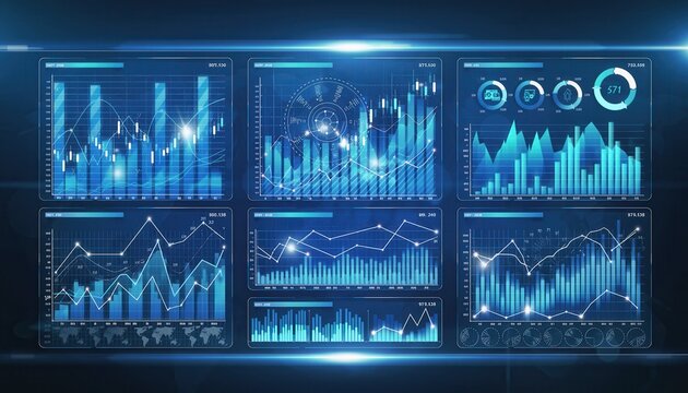 Data Visualization: A close-up shot of an advanced user interface with a sleek, blue color scheme displaying various data visualizations, including charts, graphs, and intricate diagrams.