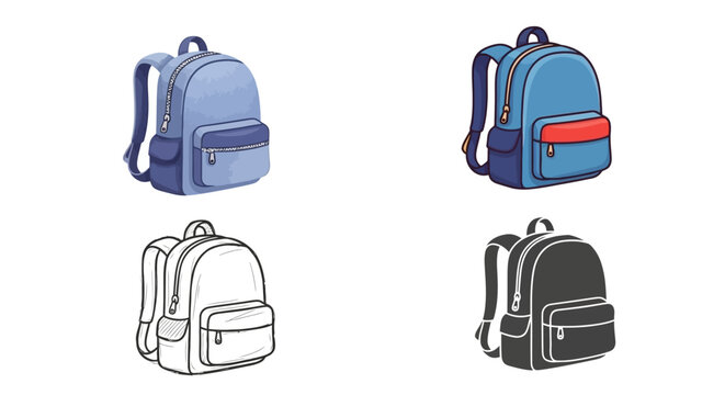 Collection of school backpacks illustrations in different styles for education and design