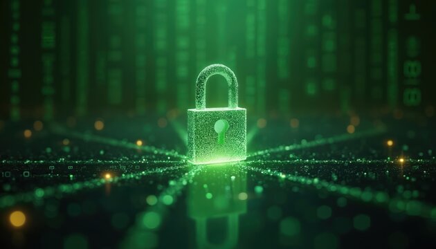 Digital padlock glows against abstract tech background. Security concept shows protection of data in cyberspace. Graphic illustrates safety internet and network. Modern tech logo for business.