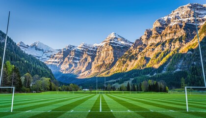 Rugby Field with Mountain backdrop: Capturing the grandeur of a mountain vista, a pristine rugby field stands ready, framed by goalposts against a backdrop of towering, snow-capped peaks and the vast.
