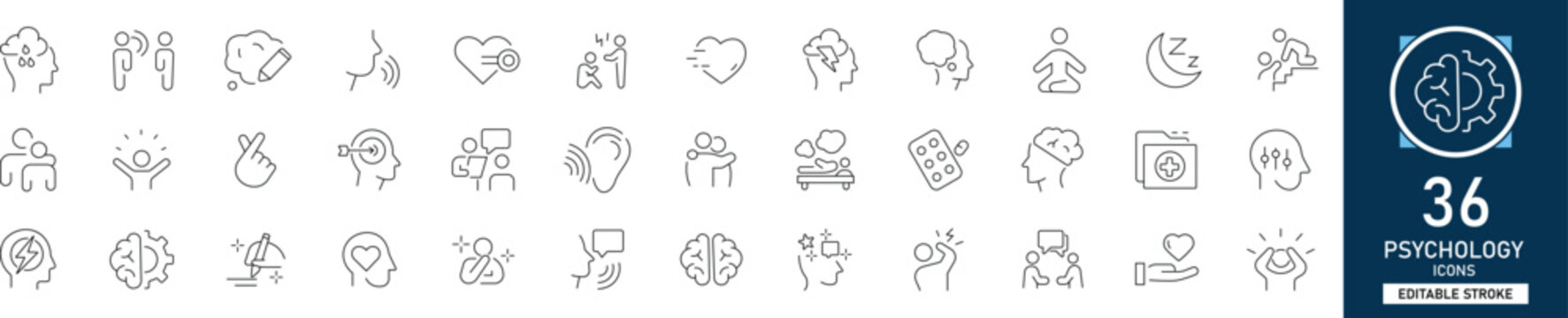 Psychology line icon set with 36 outline icons showing brain, mind, therapy, mental health, emotions, behavior, and cognition. Clean linear vector illustration with editable stroke, ideal for medical,