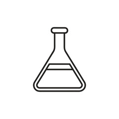 Simple line drawing of a laboratory flask with liquid and a small object inside isolated on white background

